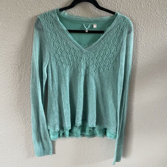 Anthropologie Knitted & Knotted Irina Sweater Medium Green Alpaca Sheer Hem Boho - Picture 2 of 11